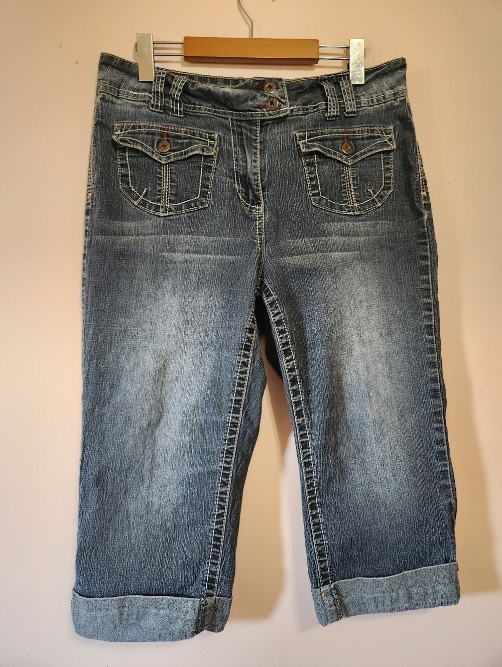 Vintage Y2K Contrast Stitch Denim Capris Flap Pocket Cuffed Crop Jeans Size 14